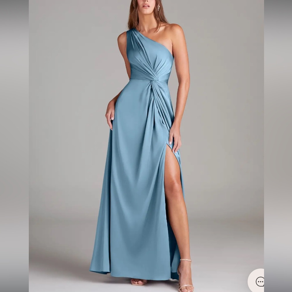 Azazie Steele Blue Stretch Satin Size 8